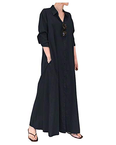 Image of Ladyful Women's Cotton Linen Maxi Dress Summer Long Sleeve Shirt Dress | Button down, Collared, Pockets, Solid color /Striped, Summer Caftans for women, Plus size, Cotton maxi dress for Party, Beach