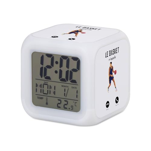 Fabulous Réveil Cube Lumineux Blanc - Le Basket m'appelle Sport Etats-Unis USA - 7,8 x 7,8 x 7,8 cm - Retro Éclairage Multicolore LED
