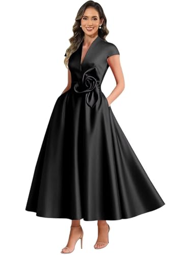 GDJDIFK Satin Tea Length Mother of Bride Dress - V Neck Flared 3D Floral Applique Formal Gown Elegant Wedding Guest​