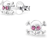 Tamaño pequeño: 7 x 5 mm Pendientes de calavera con piedras de cristal rosa - Plata de ley 925, Plata de ley, Crystal