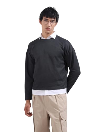 Image of The Indian Garage Co Men Boxy Textured Full Sleeves Crew Neck T-Shirt