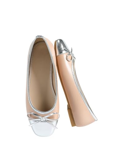 Women’s Nude-Pink Leather Ballet Flats with Silver Trim & Bow – Elegant Flat Shoes for Casual Outings & Daily Wear (Wide-Foot Friendly, Sizes 6–10.5)