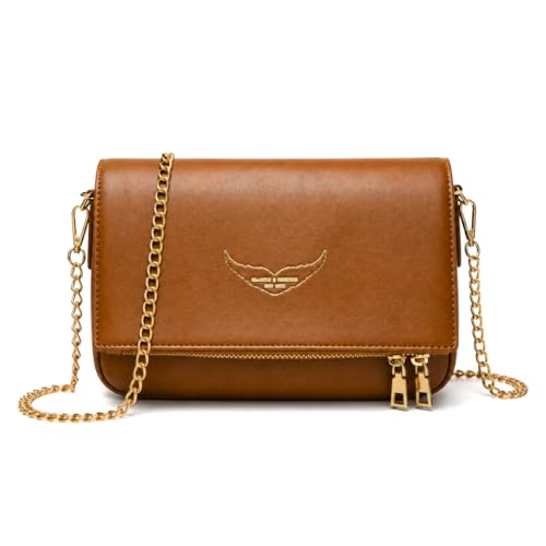 Bolsa Clutch Zadig & Inspired Transversal Alça Corrente Dourada Rock Chic Moda Casual Versátil Original ALWY (Marrom Claro)