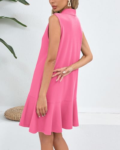 Image of YEXPINE Women's Sleeveless Polo Dress Ruffle Hem Lapel V Neck T-Shirt Summer Mini Dresses