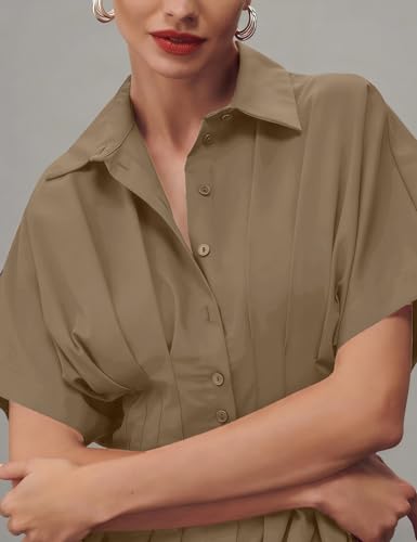 Image of Yeokou Shirt Dress for Women Summer Casual Short Sleeve Button Down Loose Pleated Maxi Sundress with Pockets