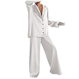 TTFDJG Schlafanzug Seide Hausanzug Damen Winter Pyjamahose Damen Kurz Seidenschlafanzug Hausanzug Damen Baumwolle Schlafanzug Damen Warm Pyjama Damen Set Schlafanzug Flauschig Weiß L