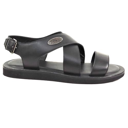 Men's Black Leather Comfort Sandals, Italian Crafted Summer Flat Footwear, Size 42.54