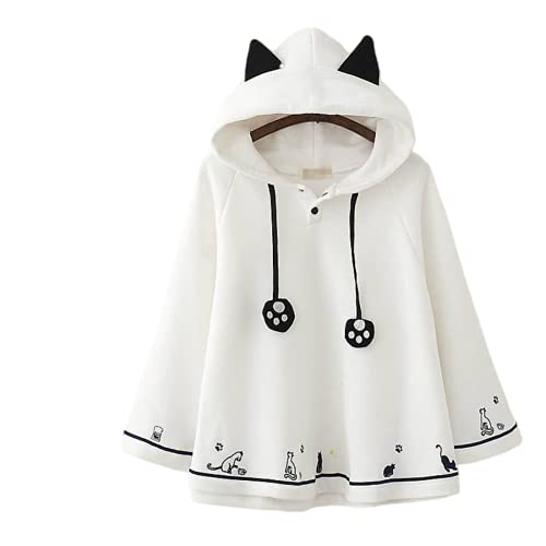 Aza Boutique Women's Cute Button Down Tweed Cat Ears Hooded Cape, 3_white, Medium-Large