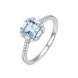 Homxi Engagement Ring 14 K White Gold for Women, Square with 0.6ct Aquamarine and Diamond, Eternity Ring Silver Blue Size N 1/2