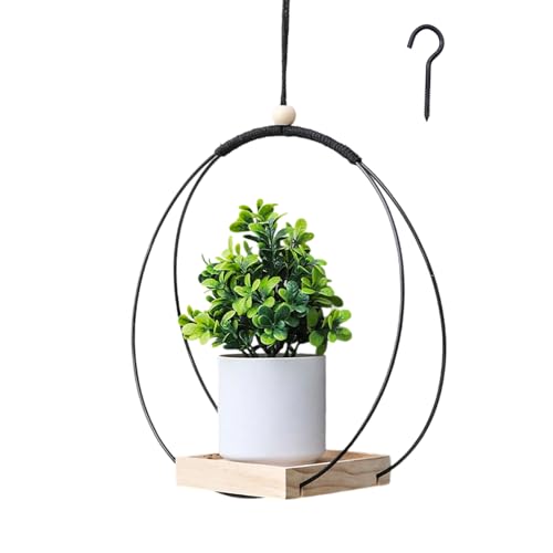 Diyxisk Pot de Fleur Suspendu 30cm Bague en Métal Suspension Plante Intérieure Simplicité Suspension Plante Exterieur, avec Base en Bois, pour Balcon Plafond Fenêtre Jardin Balcon (Noir)