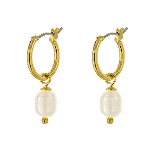 Columbus 14K Gold Plated Charm Huggie Hoop Earrings - Butterfly Earrings - Pearl Drops - Cowry Shell Dangle Earrings Heart Charm Huggies for Women (Gold Pearl)