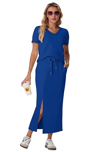 Image of GRECERELLE Women Summer Casual 2 Piece Sets V-Neck Wrinkle-Free Top & Elastic Waist Midi Side Slit Skirt with Pockets