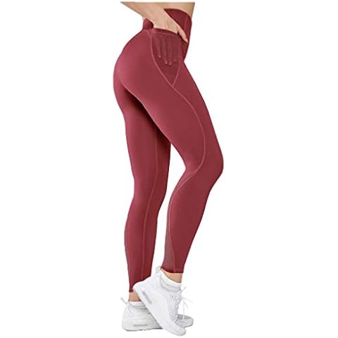 Sudawave Women’s 5.5" High Waist Tummy Control Yoga Leggings Workout Tights Running Mesh Pants (Wine, Large) Cover