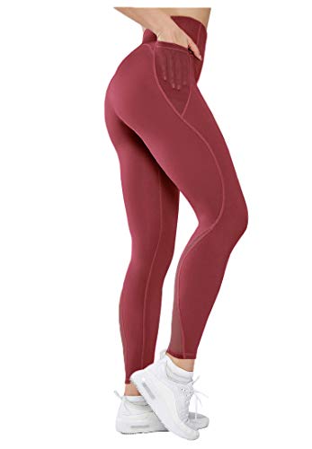 Sudawave - Mallas de malla para mujer, cintura alta, cintura alta, para yoga, ejercicio, para correr Rojo Vino M