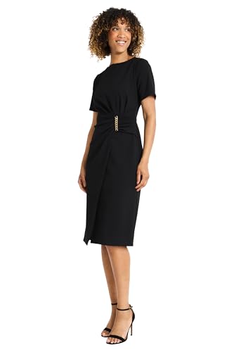 Maggy London Women's Short Sleeve Knee-Length Sheath Dress-Gathered Waist with Gold Chain Detail2