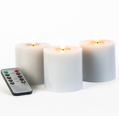 Image of Pillar Gray Flameless Candles Set of 3 (H3 x D3) Battery Operated with Remote LED Pillar 3 inch Flameless Candles for Home, Festival, Party Decoration of Indoor and Outdoor Events(Light Gray)