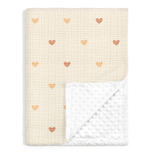 Image of Heart Baby Blankets for Girls, Soft Nursery Minky Blankets with Muslin and Dotted Fleece Back 30x40 inches, Receiving Bed Quilt for Newborn, Infants, Toddlers