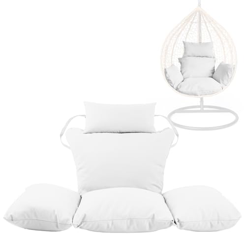 Swing Egg Chair Replacement Cushion, Foldable Water-Resistant Hanging Basket Swing Chair Cushion with Headrest Pillow, Outdoor Porch Backyard Patio Hammock Swing Replacement Cushions (White)