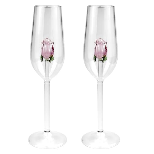 DOERDO DD Rose Wine Glasses Set of 2, Red Wine Glass with Rose Inside, Crystal Champagne Flute Flower Goblet Cocktail Cup