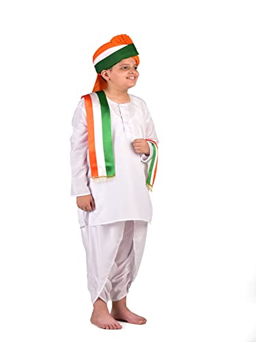 Image of BookMyCostume Tricolor Turban and Stole with Dhoti Kurta Indian Patriotic Independence Day Kids Fancy Dress Costume 12-14 years