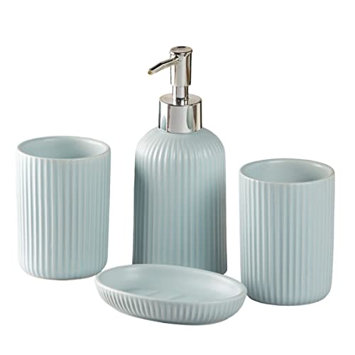 Image of SaSaSa Ceramic Bathroom Accessories Set of 4 Modern Bath Set with Soap Dispenser & Toothbrush Holder, Luxury Home & Gift Idea, Blue (9630)