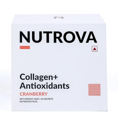 NUTROVA Collagen+Antioxidants Supplement - of Marine Collagen Powder for Men & Women,Increases Skin Hydration,Reduces Skin Damage,Supports Healthy Skin,Hair & Nails,Cranberry, 1 count,30 Servings