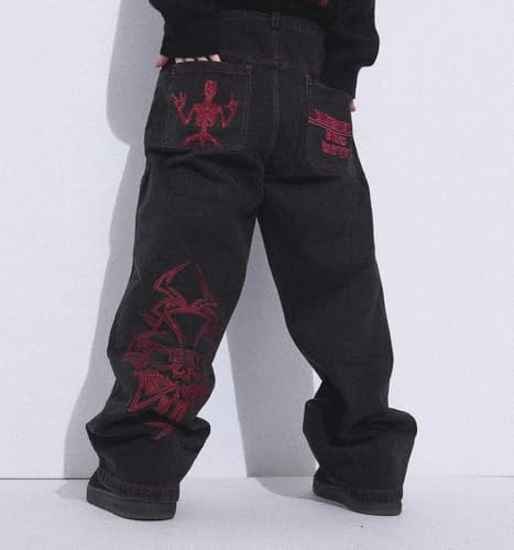 OATSBAS Y2K Beggy Jeans for Women Men Denim Pants Skull Embroidery Gothic Jeans Straight Wide Leg Trouser