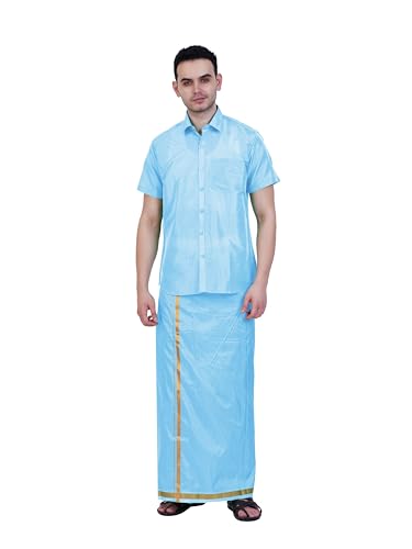 Image of PRAKASAM COTTON-Mens Art Silk Wedding Set /Art Silk 8 Mulam (8-Yard) Dhoti and Stitched Shirt for mens