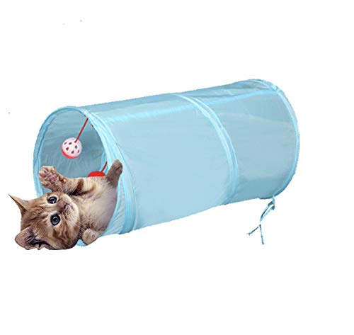 Lightweight Collapsible 2-Way Pet Cat Tunnel with Funny Bell and Dangling Fluffy Ball, Interactive Maze House Toy for Cat,Small Rabbits,Kittens,Puppy, Ferrets, Guinea Pig (2 way, Sky Blue)