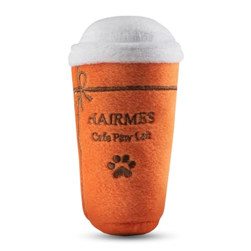 Dog Diggin Designs Hairmes Café Paw Lait Plush Dog Toy | Luxury-Inspired Parody Coffee Cup with Squeaker, Soft Plush Coffee-Themed Dog Toy – Baristas Needed!