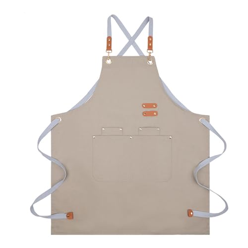 Delantal de Lona Impermeable, DElantal de Chef Cocina Profesional, DeLantal Hornear con Espalda Cruzada Ajustable, DELantal de Barbacoa Hombres Mujeres, DELAntal de Trabajo con 4 Bolsillos (Beige)