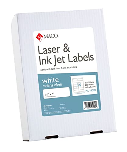 Maco Laser/Ink Jet White Address Labels, 1-1/3 X 4 Inches, 14 Per Sheet, 3500 Per Box (Ml-1400B) #TOP5