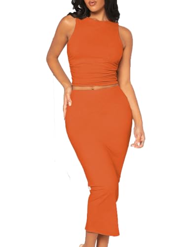 Image of Bdwinz Women's Casual 2 Piece Dress Round Neck Tank Top Bodycon Midi Skirt Dress Set