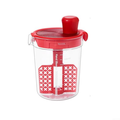 Hand Mixer, 15x9.5x9.5cm Eggbeater Salad Sauce Mixer with Scale Drain Cup for Efficient Filtration and Multi-functional Kitchen Use(Red)