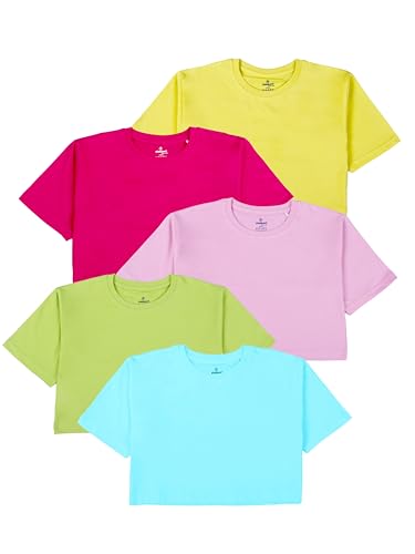 Image of KiddoPanti Girls 100% Cotton Solid Drop Shoulder Half Sleeve Round Neck Crop Tee