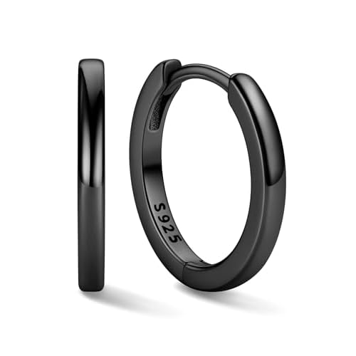 ChicSilver 925 Sterling Silver Huggie Hoop Earrings Small Hoop Earrings for Women Hypoallergenic Silver Huggie Earring Cartilage Earrings for Women (6/8/10/12/14/16/18/20MM) 12MM Black