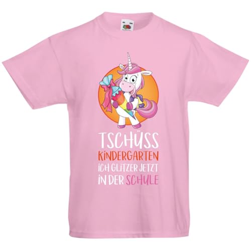 Kinder T-Shirt Einschulung Einhorn Tschüss Kindergarten ich Glitzer jetzt in der Schule Shirt Grundschule Schulanfang Mädchen Größen 116 128 140