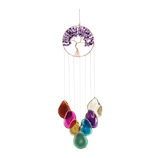 Yoption Amethyst Tree of Life Memorial Wind Chime, Natural Crystal Agate Slices Windchimes for Indoor Outdoor Decoration Ornament, 15.7-17.7 inch
