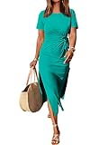 ANRABESS Women's 2025 Summer Maxi Tshirt Dress Short Sleeve Crewneck Tie Waist Casual Slim Fit Slit Spring Long Beach Dresses Lake Large
