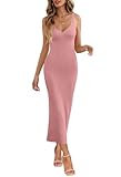MEROKEETY Womens 2025 Summer V Neck Knit Midi Dress Bodycon Casual Sleeveless Ribbed Party Sweater Dresses,Pink,XS