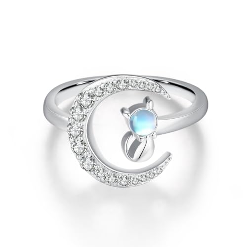 Bague chat argent 925 ajustable pierre de lune pour fille et enfant