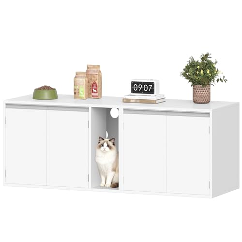 Hzuaneri Meuble Litiere pour 2 Chats, Maison de Toilette Chat, Maison Cachée pour Chat avec Chambres Doubles, 140 x 48 x 48 CM, pour Cacher la Plupart des Bacs à Litière pour Chats, Blanc CB65603X