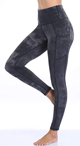 Oalka Women Yoga Pants Workout Running Leggings Outside Pockets Tie Dye Black L #TOP4