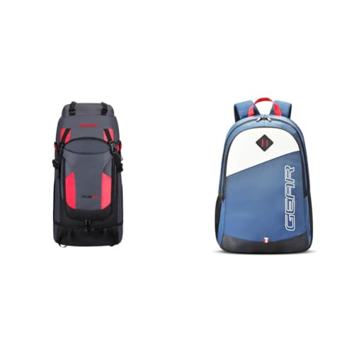 Image of Gear Explore 75L Extra Large Water Resistant Rucksack /Travel bag /For Men & Women(Grey - Red) + 14 cms Blue Casual Backpack (MDBKPECO50504)