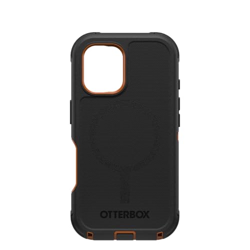 Image of OtterBox iPhone 16 (Only) - Defender Series MagSafe Case - Iron Eclipse (Black & Orange) - Built-in Magnets - Screenless - Rugged & Durable - with Port Protection
