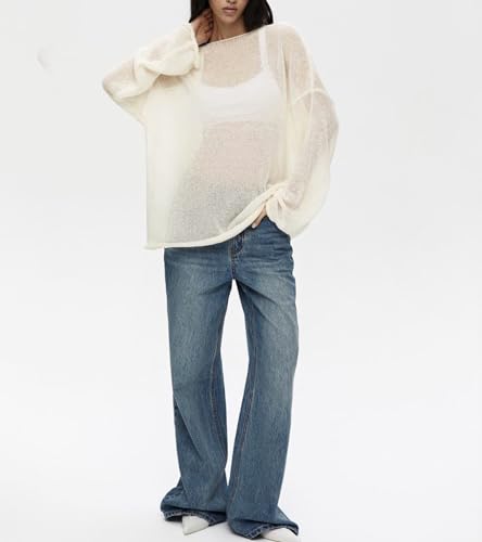 Image of Sweters for Women, Womens Sweater, O-Neck Solid Color See Through Pullover Jumper Shirt Beach