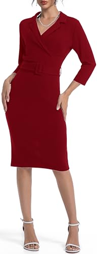 Image of SxClub Business Dresses for Women Elegant Long Sleeve Bodycon Pencil Knee Length Formal Dress for Evening Cocktail