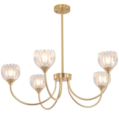 Image of Shenmoyl 30.31 inch Brass Gold 5-Light Chandelier, 5-Arm Clear Tulip Glass Pendant Light Fixture, Height Adjustable Vintage Branch Chandelier for Dining Room Living Room Kitchen Island Farmhouse
