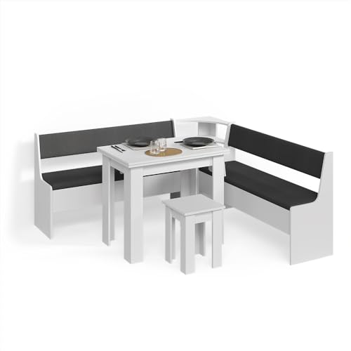 Livinity Conjunto con Banco esquinero Tiberio, Blanco, 180 x 180 cm con Mesa