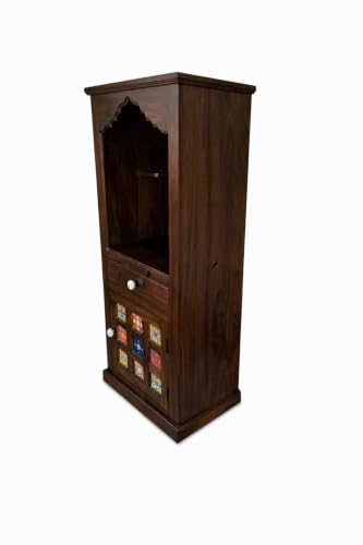 Image of Solid Sheesham Wood Temple for Home & Office /Mandir /God Stand /Pooja Stand /Home Mandap /Mandapam with Cabinet Doors & Multiple Storage /Shelf with Drawers (Walnut TMT, 23x15x57 inch)